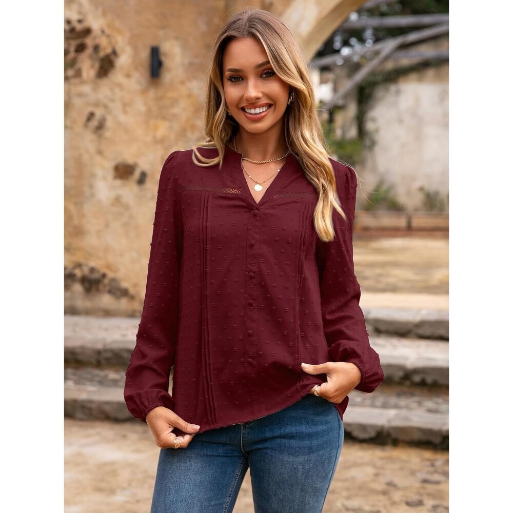 Womens Long Sleeve Polyester Blouse V-Neck Swiss Dot Casual Business Wear - Picture 5 of 6
